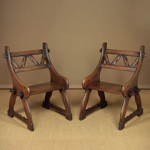 Pair Of Gothic Revival Oak Hall Chairs C.1870