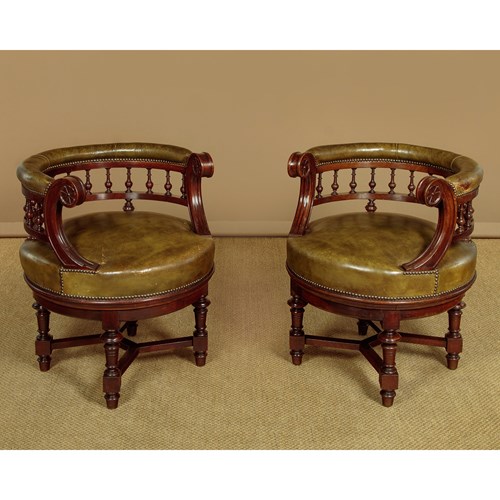 Pair Of Mahogany & Leather Revolving Desk Chairs C.1910