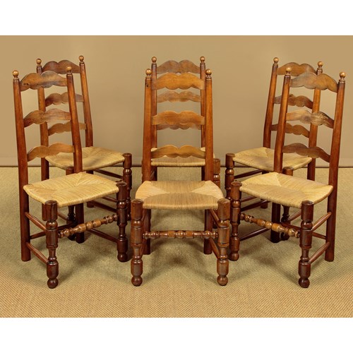 Set Of Six Rush Seat Ladderback Dining Chairs C.1950