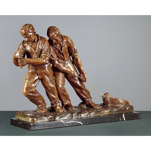 Art Deco Sculpture Of Two Men Hauling A Boat C.1930