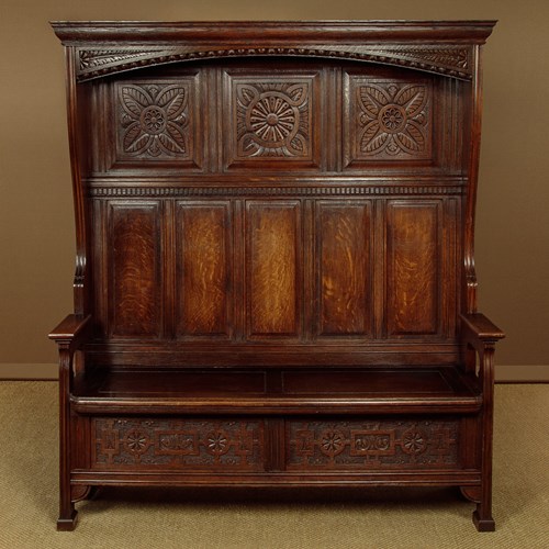 Carved Oak Canopy Top Box Settle C.1920