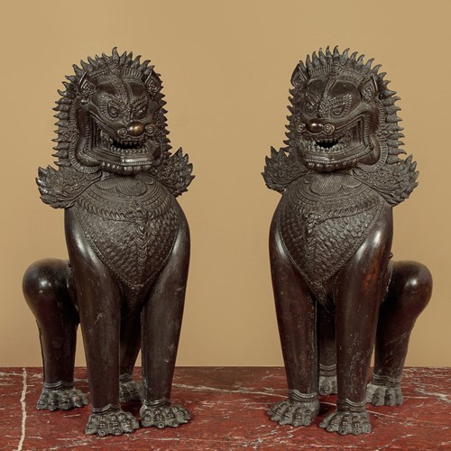 Pair Of Large Bronze Temple Lions