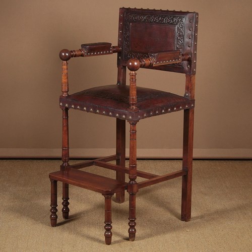 High Walnut & Leather Armchair With Folding Step C.1900