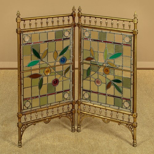 Brass & Leaded Glass Fire Screen C.1880