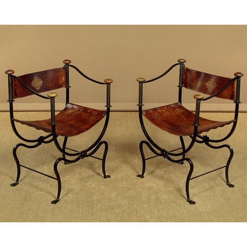 Pair Of Wrought Iron & Leather Armchairs