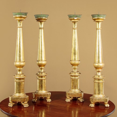 Four Large Giltwood & Toleware Candlesticks C.1810