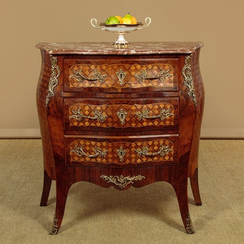 Small Parquetry Marble Top Bombe Commode C.1960