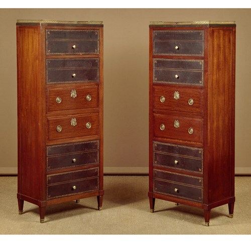 Pair Of Tall Mahogany & Leather Banks Of Drawers C.1960