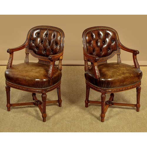 Pair Of Walnut & Leather Armchairs C.1910