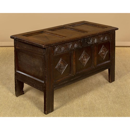 17Th.C. Carved & Inlaid Oak Coffer