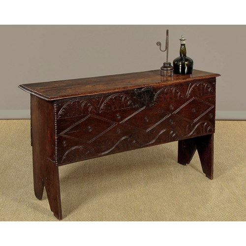 Naive Carved Oak Six Plank Chest C.1600