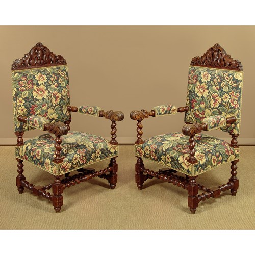 Pair Of Large Oak & Tapestry Armchairs C.1900