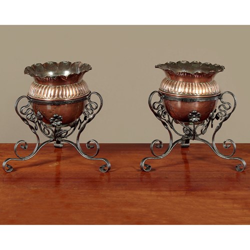 Pair Of Arts & Crafts Copper & Wrought Iron Plant Holders C.1890