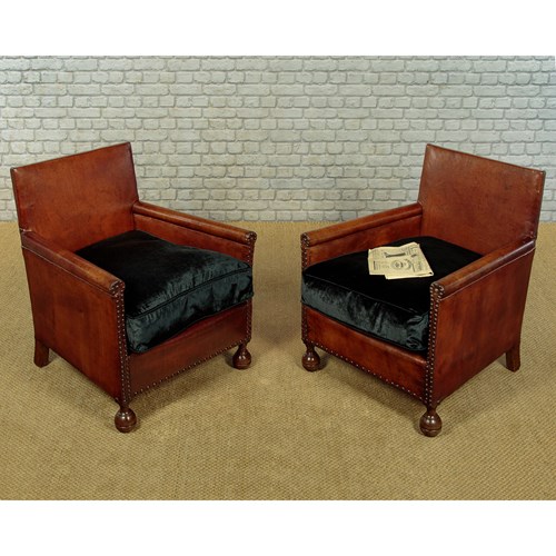 Pair Of Small Leather Bothy Armchairs C.1920