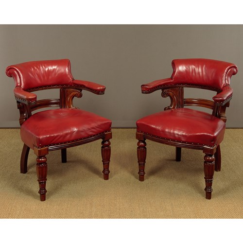 Pair Of Large Walnut & Leather Armchairs C.1890