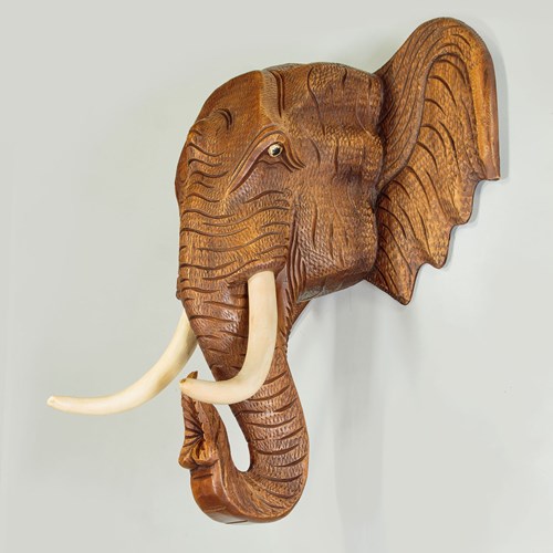 Large Carved Wooden Elephant Head