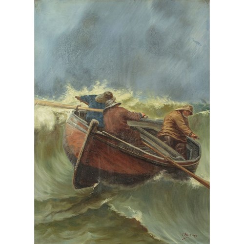 Oil Painting Of A Boat In A Storm Dated 1913