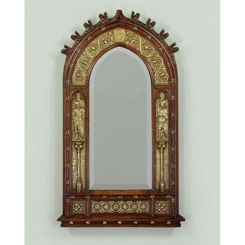 Oak & Brass Gothic Revival Wall Mirror C.1890