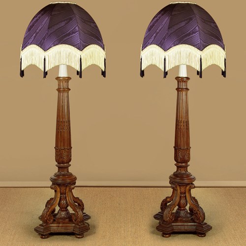 Pair Of Large Walnut Standard Lamps C.1900