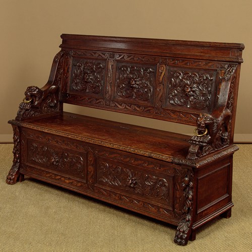 Carved Oak Box Settle C.1890