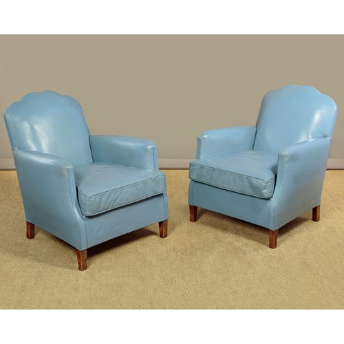 Pair Of Pale Blue Leather Armchairs C.1950