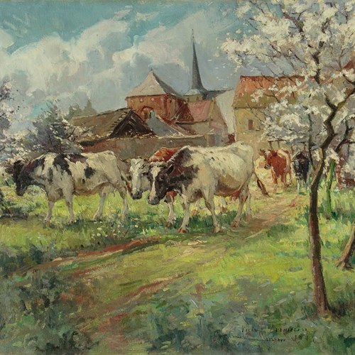 Farm Scene Oil Painting Dated 1942