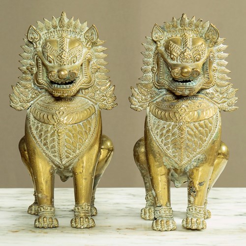 Pair Of Brass Temple Lions C.1900
