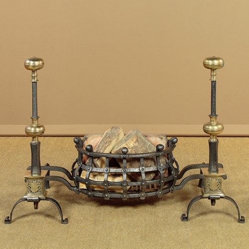 Wrought Iron Fire Basket & Andirons C.1900