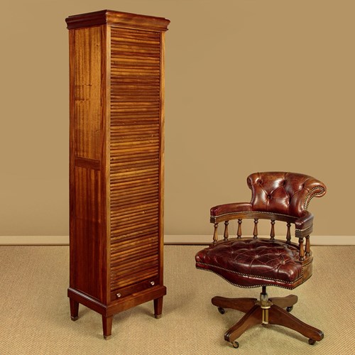 Narrow Mahogany Roll Front Filing Cabinet C.1950