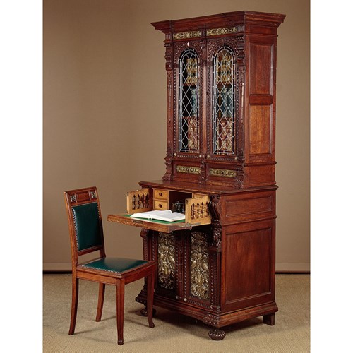 Small Oak Secretaire Bookcase With Brass Panels C.1880