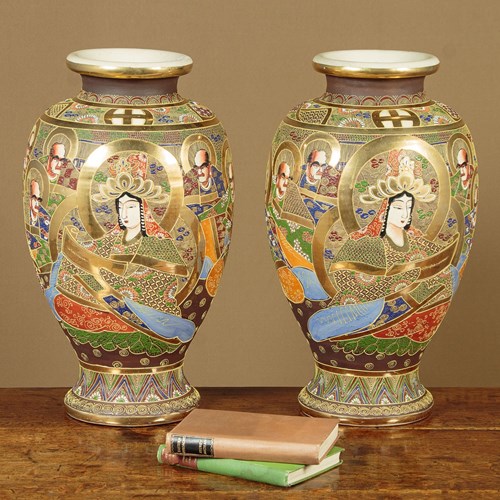 Large Pair Of Japanese Satsuma Ware Vases C.1930