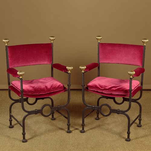 Pair Of Iron & Brass Hall Chairs C.1920