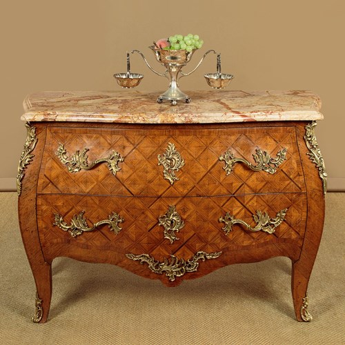 Parquetry & Marble Top Bombe Commode C.1930