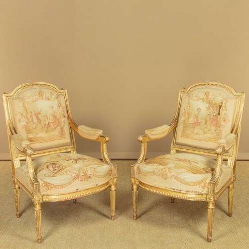 Pair Of Louis XVI Style Giltwood Armchairs With Original Tapestry Covers C.1880