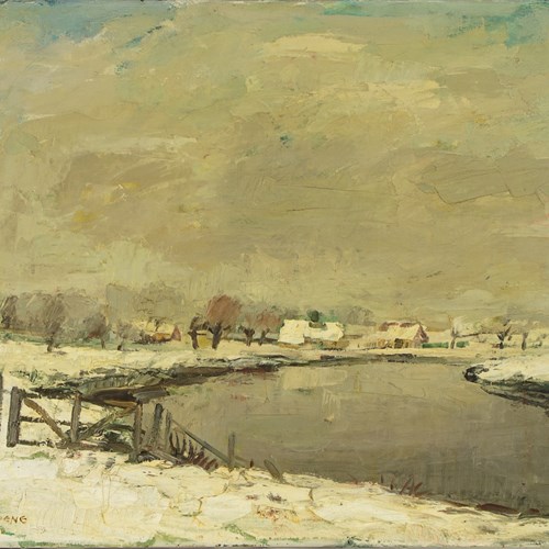 Winter Landscape Oil Painting By George D'heedene C.1960