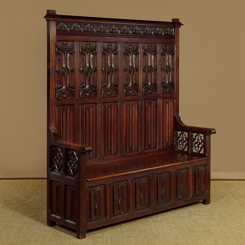 Gothic Carved Oak Box Settle C.1890