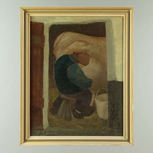 Mid-Century Farmyard Scene Oil Painting Dated 1959