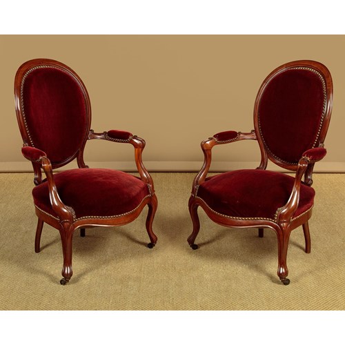 Pair Of Walnut Armchairs C.1880