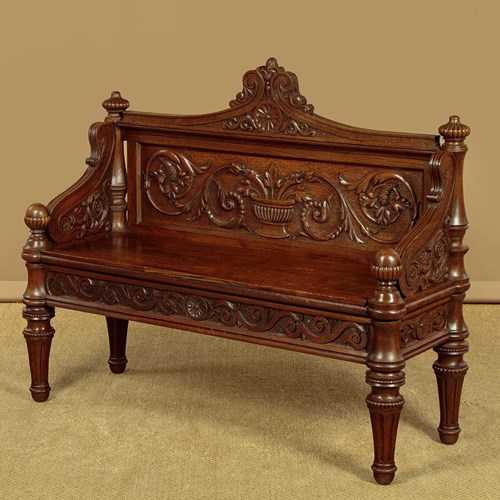 Carved Oak Hall Bench C.1900