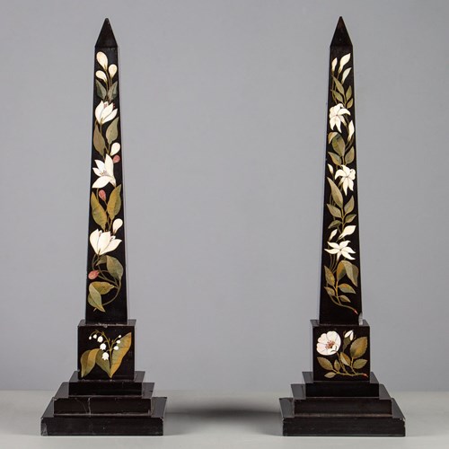 Pair Of Ashford Black Marble & Pietra Dura Inlaid Marble Obelisks C.1860
