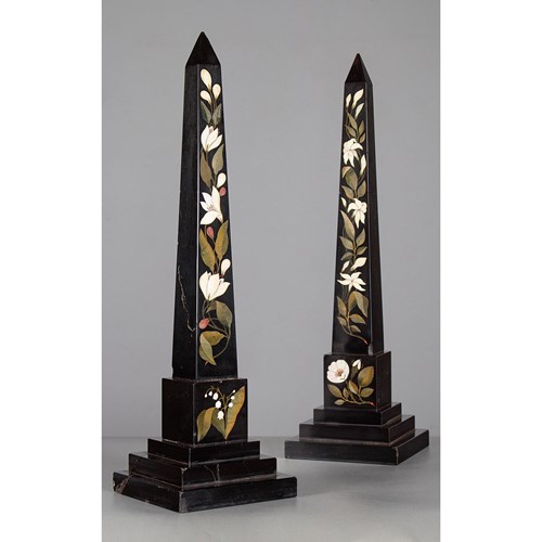 Pair Of Ashford Black Marble & Pietra Dura Inlaid Marble Obelisks C.1860