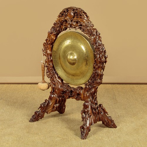 Exceptional Oriental Dinner Gong On Carved Stand C.1890