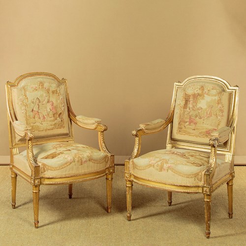 Pair Of Louis XVI Style Giltwood Armchairs With Original Tapestry Covers C.1880