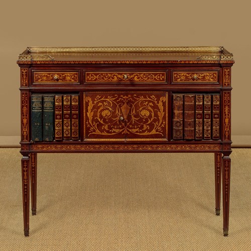 Marquetry Inlaid Side Cabinet With Faux Bookcase Doors C.1950