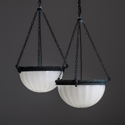 A Pair Of Cast Verdigris Moonstone Plafonniers