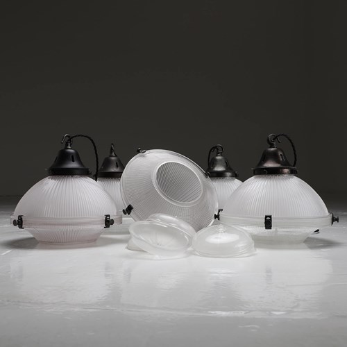 Antique Collection Of 5 Three Part Holophane Pendant Lights