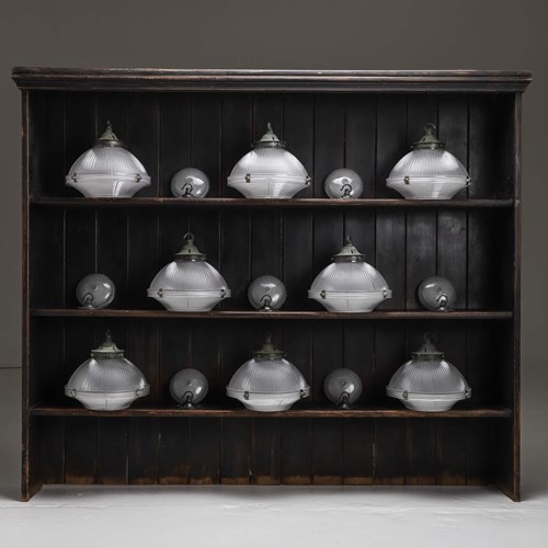 Exceptional Run Of 9 Three Part Holophane Pendant Lights