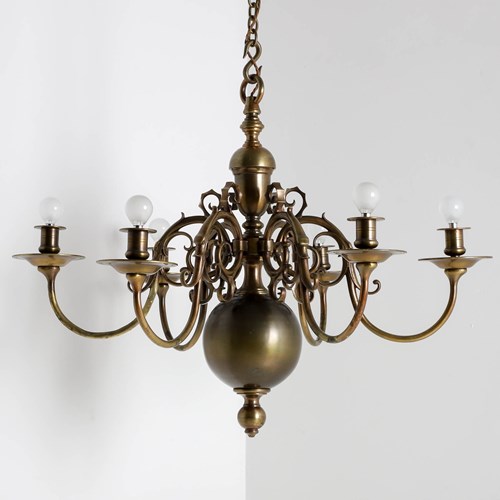 Flemish 6 Branch Antique Brass Chandelier