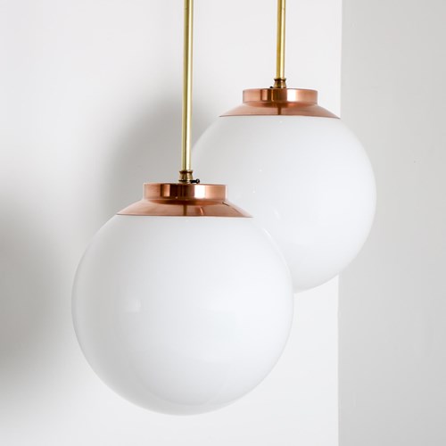 Large 30Cm Opaline Globe Pendant Light – Polished Copper – Rodded
