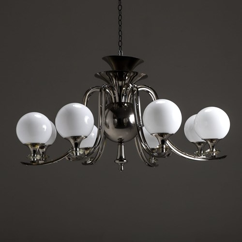 Massive Art Deco 8 Arm Nickel Chandelier